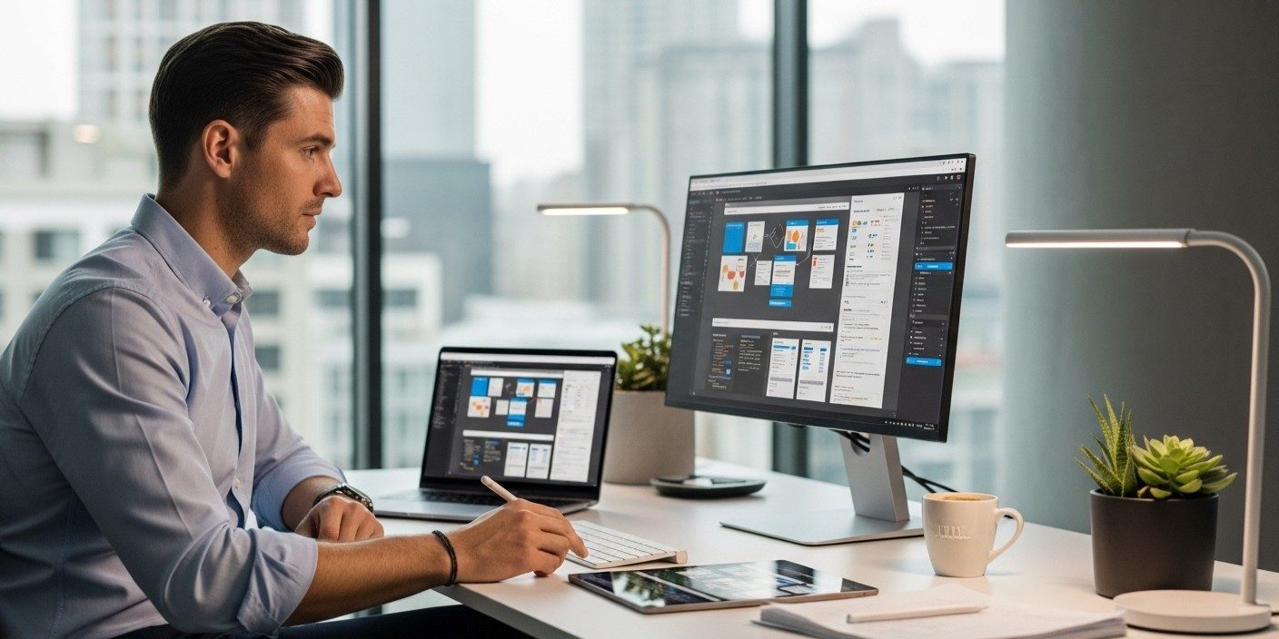 man building a website on his main computer